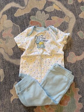 Little Me White Polka Dot 'My First Easter' Bodysuit with Light Blue Pants